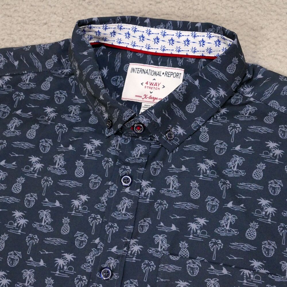 International Report 4 Way Stretch Shirt Mens XL Blue Pineapples Coconuts Print